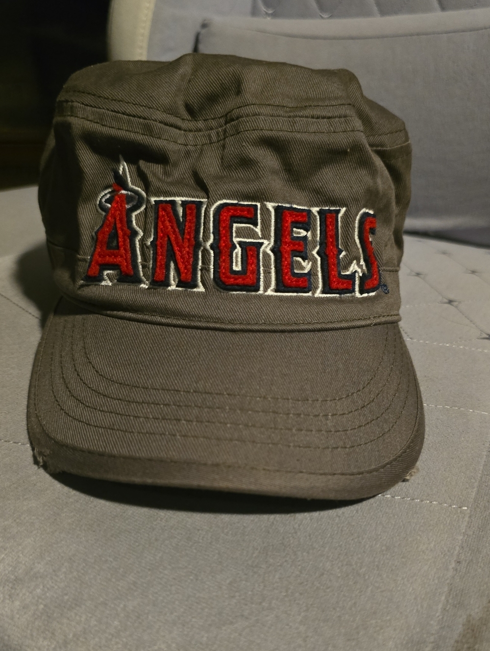 Disney Olive Military-Style Cap distress with Red Angels Embroidery.